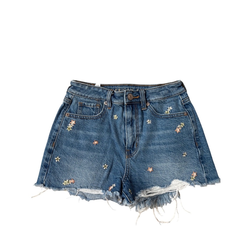 American Eagle Floral Embroidered Mom Shorts Boho Hippie Distressed Denim‎ 000